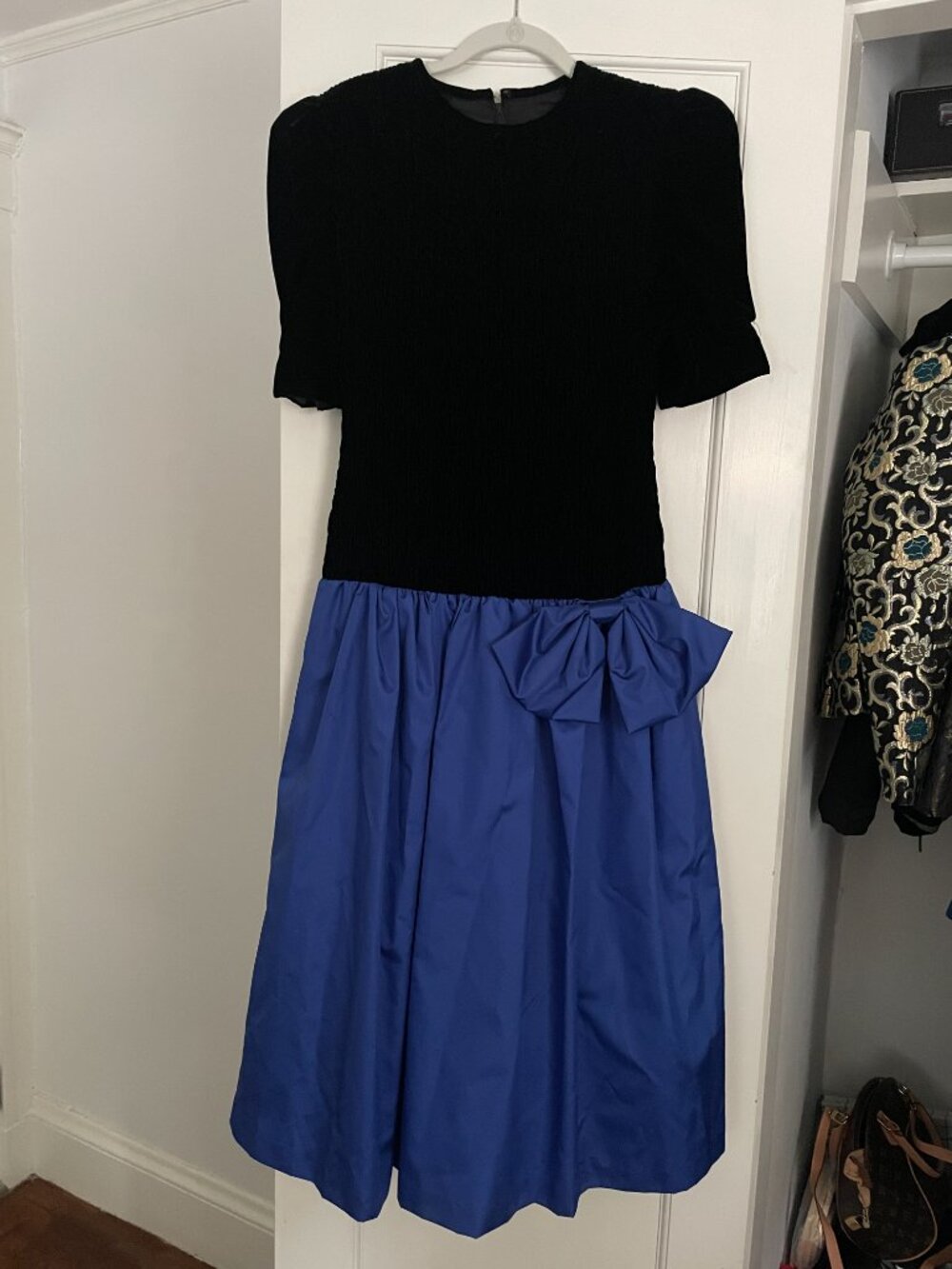Vintage 1980s Talbots Velvet Taffeta Bow Dress Puff Shoulder Drop Waist Formal